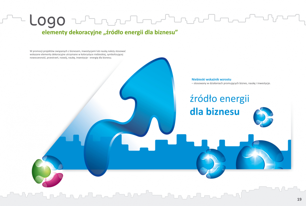 Logo "Źródło energii dla biznesu" - którego łównym elementem dekoracyjnym jest niebieski wskaźnik wzrostu