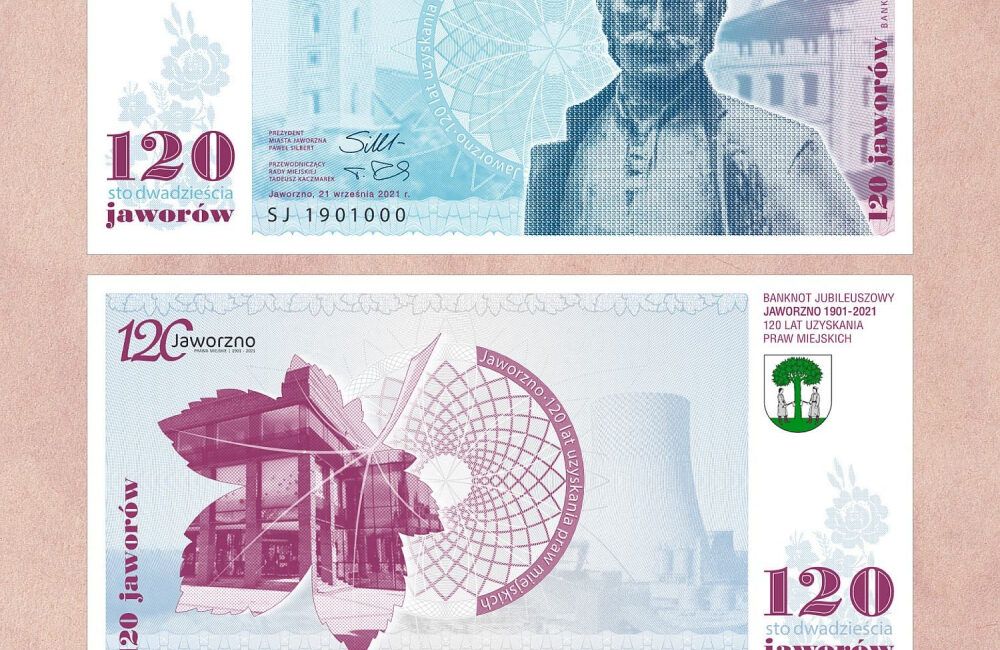 Awers i rewers banknotu okolicznościowego wydanego na 120-lecie Jaworzna