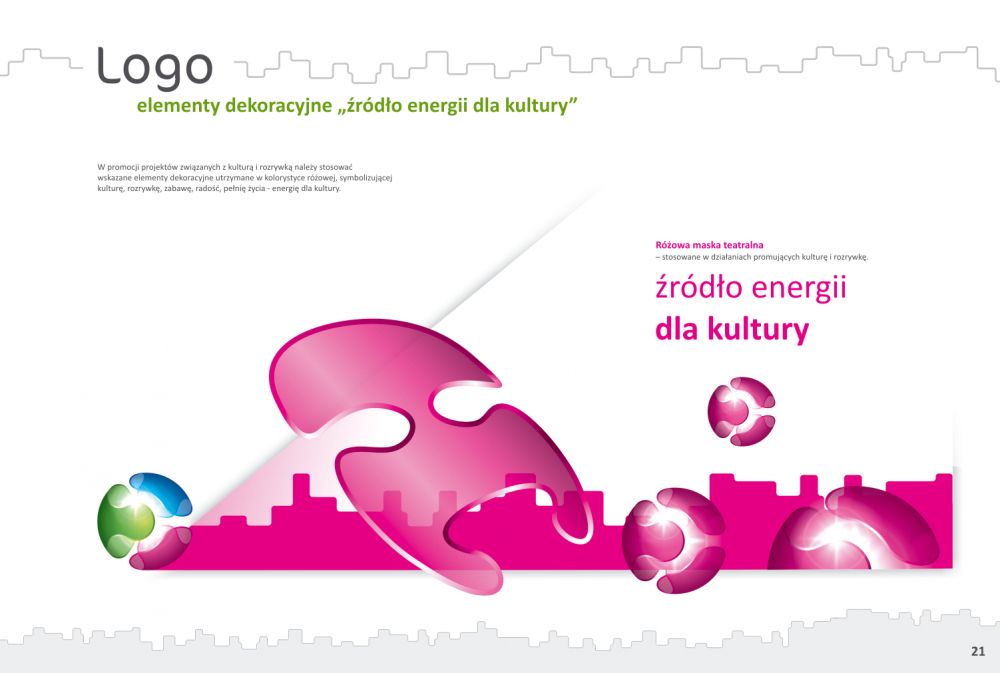 Logo "Źródło energii dla kultury" - którego łównym elementem dekoracyjnym jest różowa maska teatralna