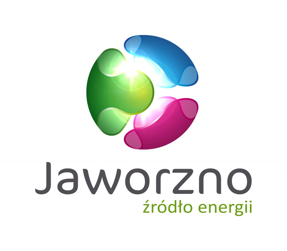 Logo miasta Jaworzna - trójkolorowa kula, której składowej są niebieski, zielony i różowy oraz napis Jaworzno - źródło energii