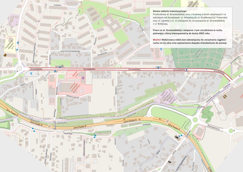 Mapa przebiegu remontu ulicy Grunwaldzkiej w Jaworznie z zaznaczonym fragmentem drogi, który będzie remontowany