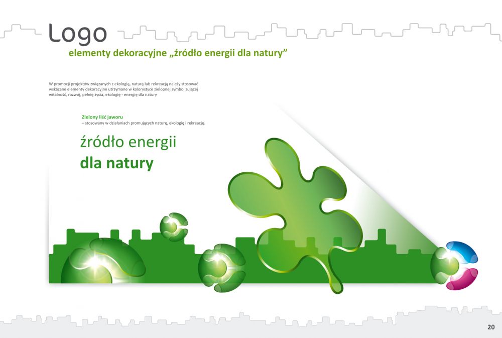 Logo "Źródło energii dla natury", którego łównym elementem dekoracyjnym jest zielony liść jaworu.