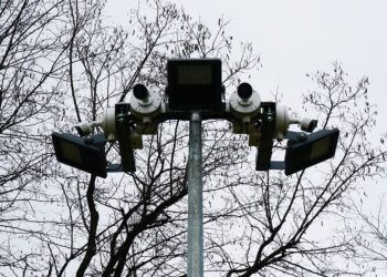 Słup oświetleniowy i kamery monitoringu, w tle drzewa