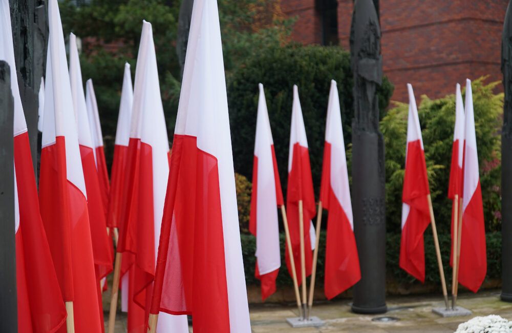 Kilkanaście biało-czerwonych flag umieszczonych w stojakach