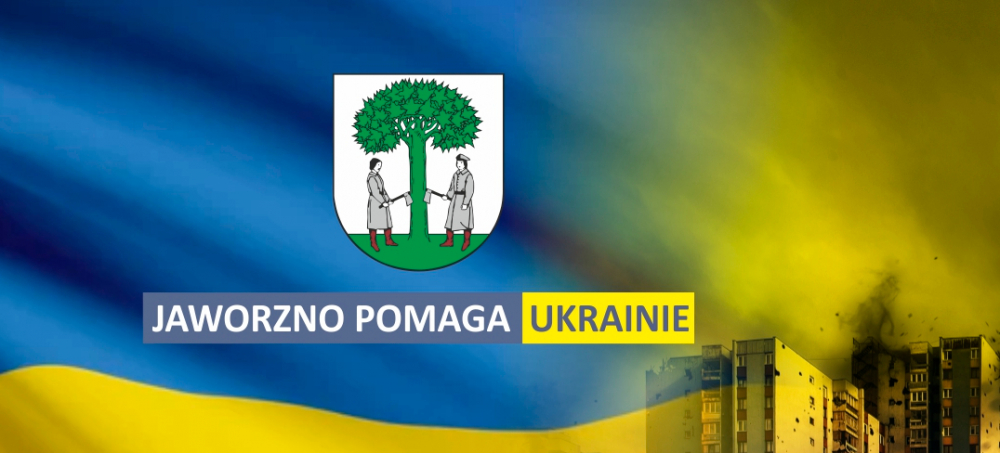 Infografika w kolorach ukraińskiej flagi - niebiesko - żółta z herbem miasta Jaworzna i napisem Jaworzno pomaga Ukrainie