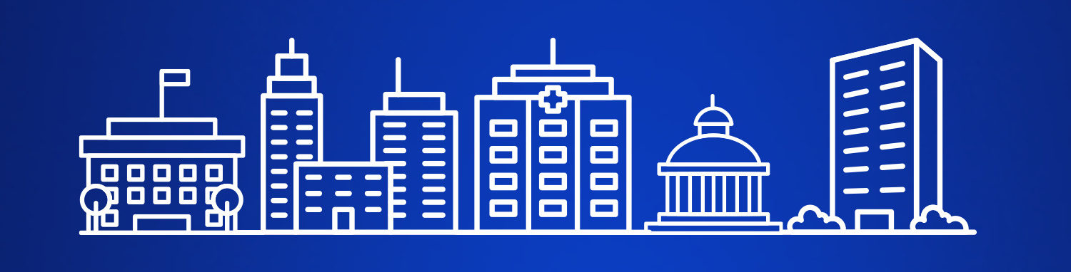 Grafika na niebieskim tle przedstawiająca zarys różnych budynków