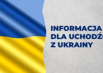Grafika z niebiesko-zółtą flagą Ukrainy oraz napisem Informacja dla Uchodzców z Ukrainy