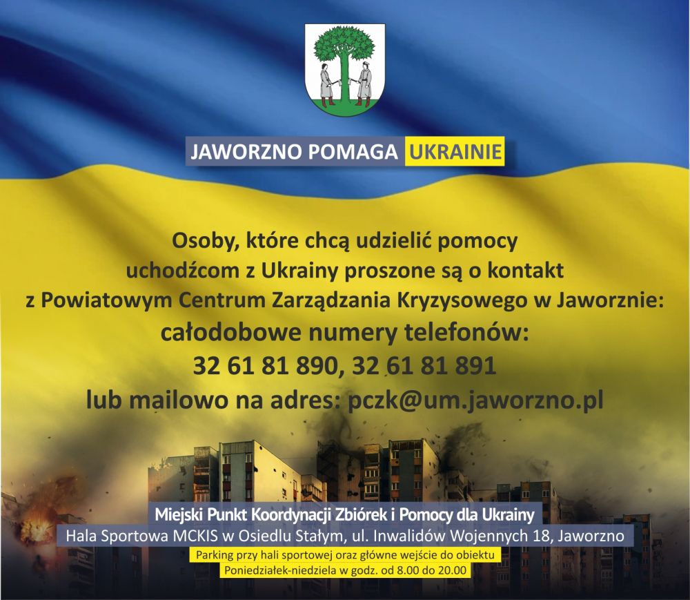 Infografika z flagą Ukrainy i herbem Jaworzna. Informacje dotyczące Powiatowegp Centrum Zarządzania Kryzysowego