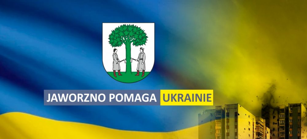 Infografika z flagą Ukrainy i herbek Jaworzna. Napis: Jaworzno Pomaga Ukrainie