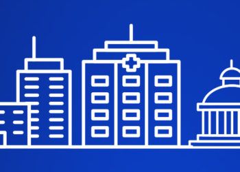 Grafika na niebieskim tle przedstawiająca zarys różnych budynków