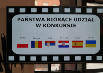 Ekran telewizora z flagami Polski, Rumunii, Serbii, Chorwacji, Hiszpanii i Ukrainy
