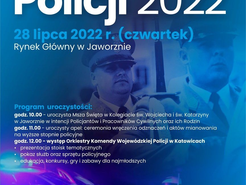 Plakat Święta Policji 2022. Granataowy z białymi napisami. Cała treść zawarta w artykule.
