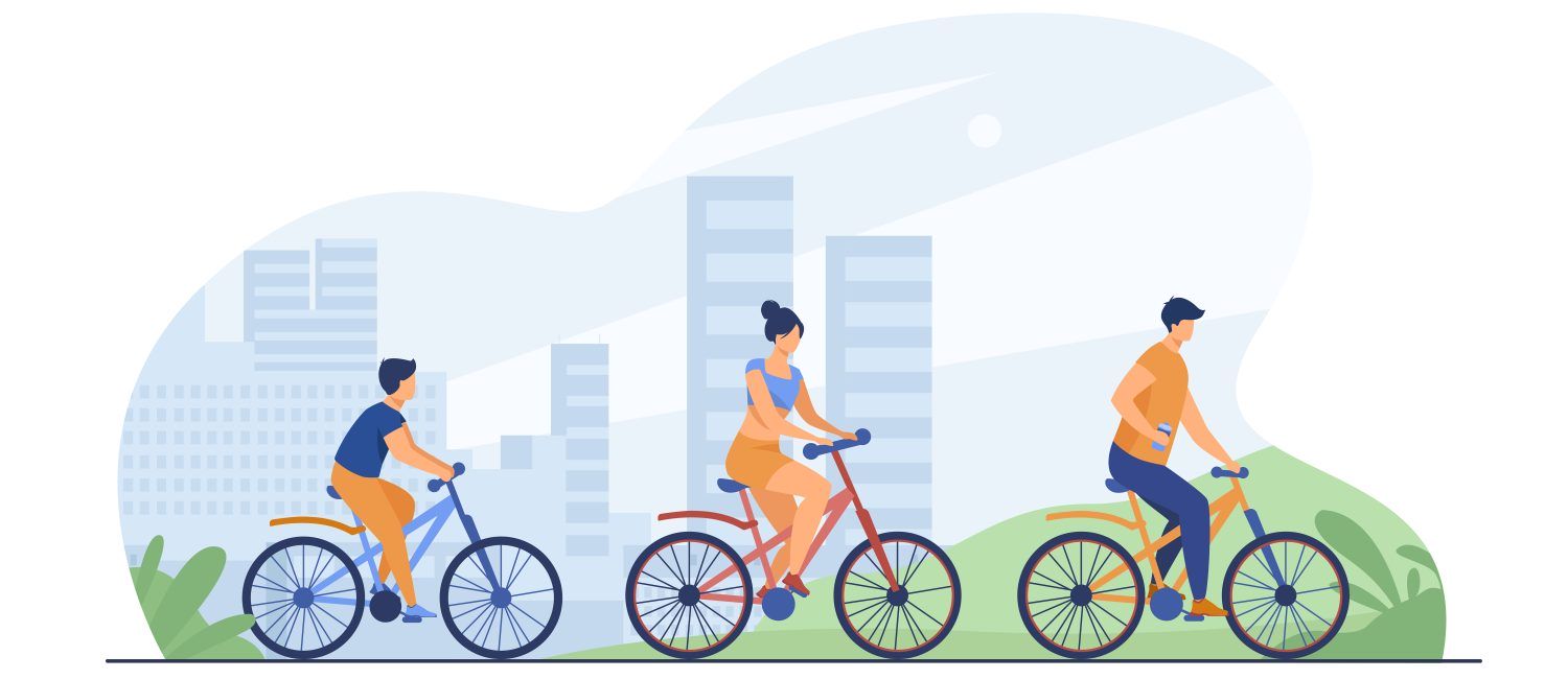 Trzyosobowa rodzina na rowerach, w tle miasto - rysunek