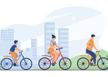 Trzyosobowa rodzina na rowerach, w tle miasto - rysunek