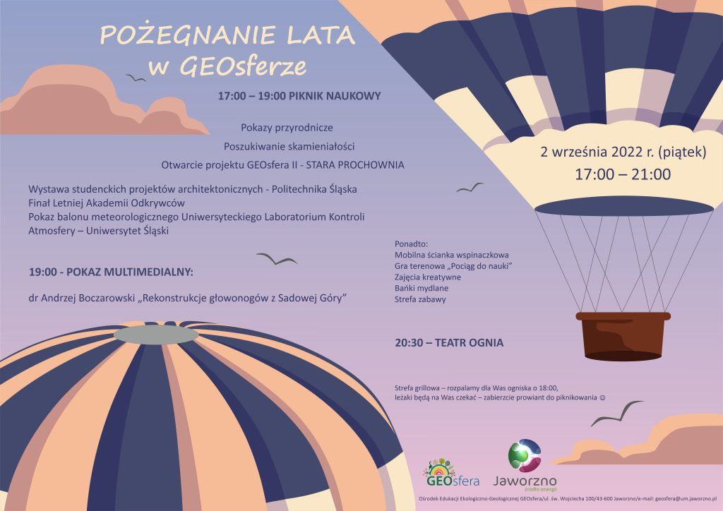 Plakat - zaproszenie na piknik z okazji pożegnania lata w GEOsferze Jaworzno w dniu 2 września 2022 roku w godzinach od 17.00 do 21.00