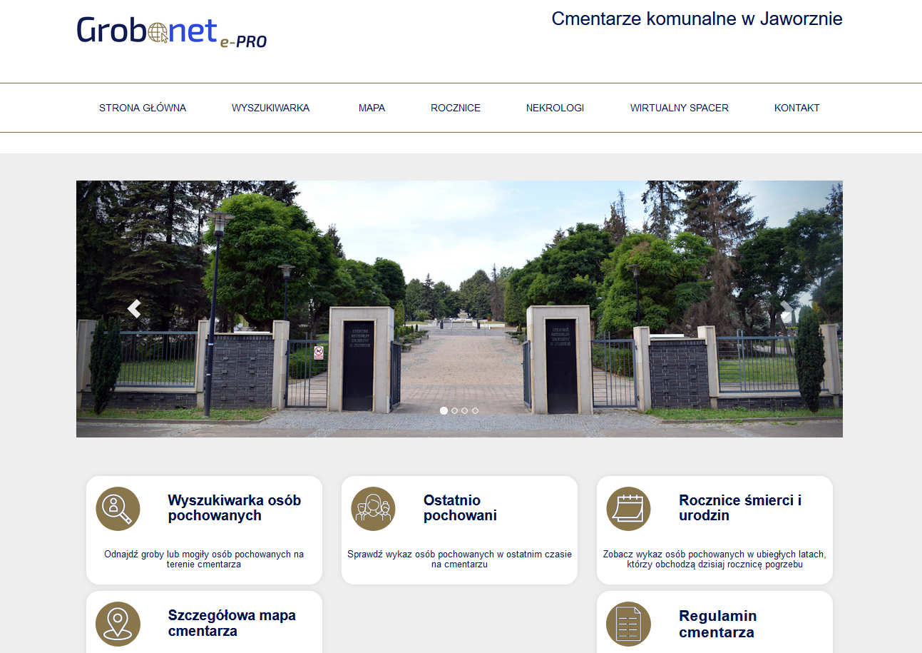 Print screen strony internetowej z wyszukiwarką grobów na cmentarzach komunalnych