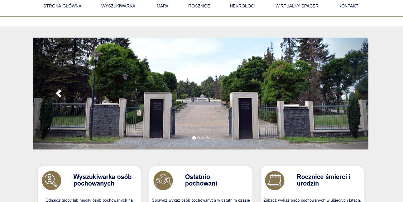 Print screen strony internetowej z wyszukiwarką grobów na cmentarzach komunalnych