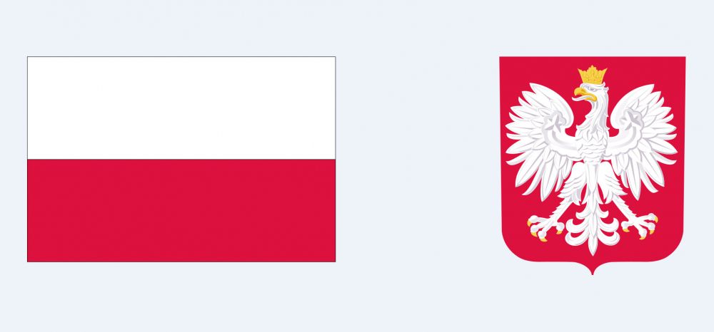 Po lewej flaga biało czerwona , a po prawej godło Rzeczypospolitej Polskiej