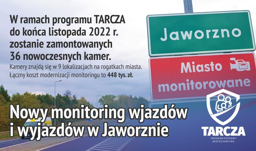 Infografika dotycząca nowego monitoringu wjazdów i wyjazdów w Jaworznie, w tle jedna tabliczka z napisem Jaworzno i druga z napisem miasto monitorowane