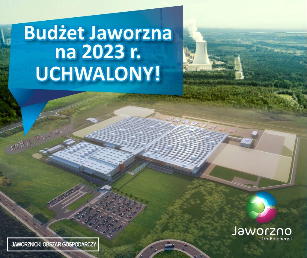 Wizualizacja fabryki, w tle kominy elektrowni. Na obrazku napis: Budżet Jaworzna na 2023 rok uchwalony oraz Jaworznicki Obszar Gospodarczy