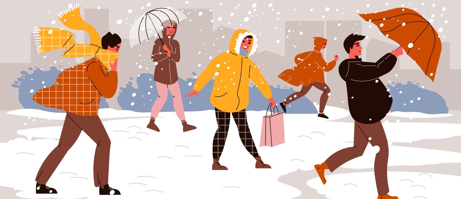 Rysunek z ludźmi z parasolkami idących w śniegu