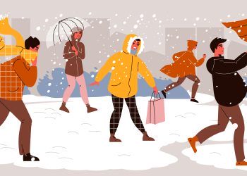 Rysunek z ludźmi z parasolkami idących w śniegu