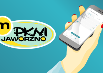 Grafika - telefon trzymany w damskiej dłoni, po lewej logo PKM Jaworzno