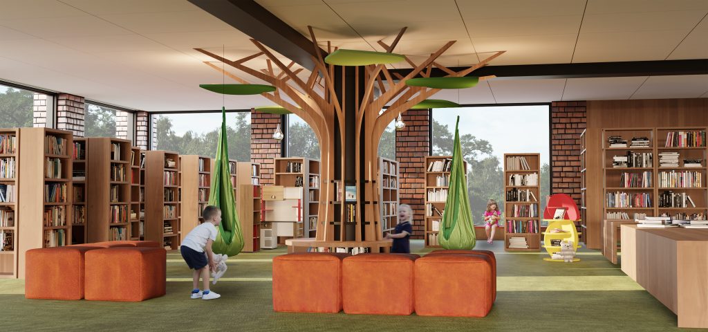 Sala biblioteczna pośrodku którek znajduje się makieta drzewa, pufy i bujane fotele