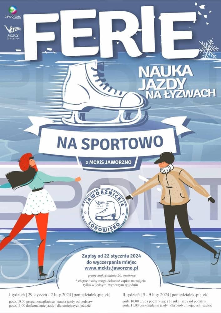 Plakat dotyczący Ferie ma sportowo z MCKiS Jaworzno.