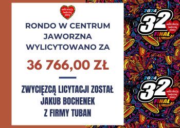 Grafika przedstawia napis "Rondo w centrum Jaworzna wylicytowano za 36 766,00 Zwycięzcą licytacji został Jakub Bochenek z Firmy Tuban"