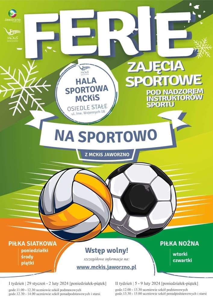 Plakat Ferie zajęcia sportowe Hala Sportowa MCKiS